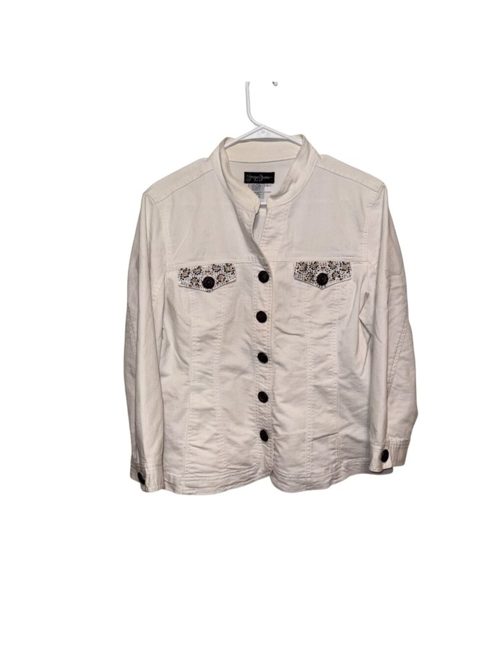 Prosper & Jenne White Button-Up Jacket Embellished Pockets Size L Cotton Blend